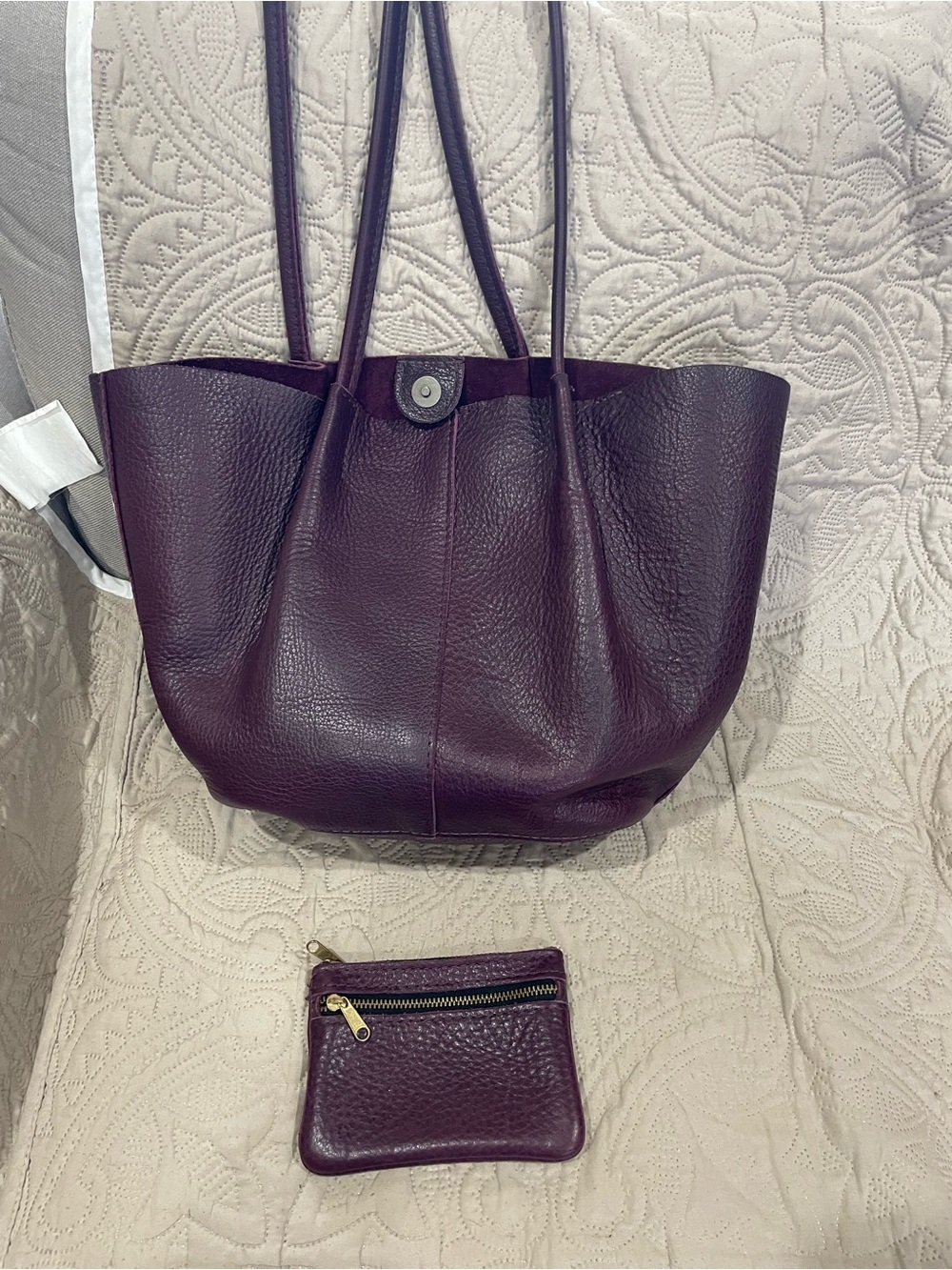 Pebbled Leather Shoulder Tote in Deep Plum with Coin Pouch
